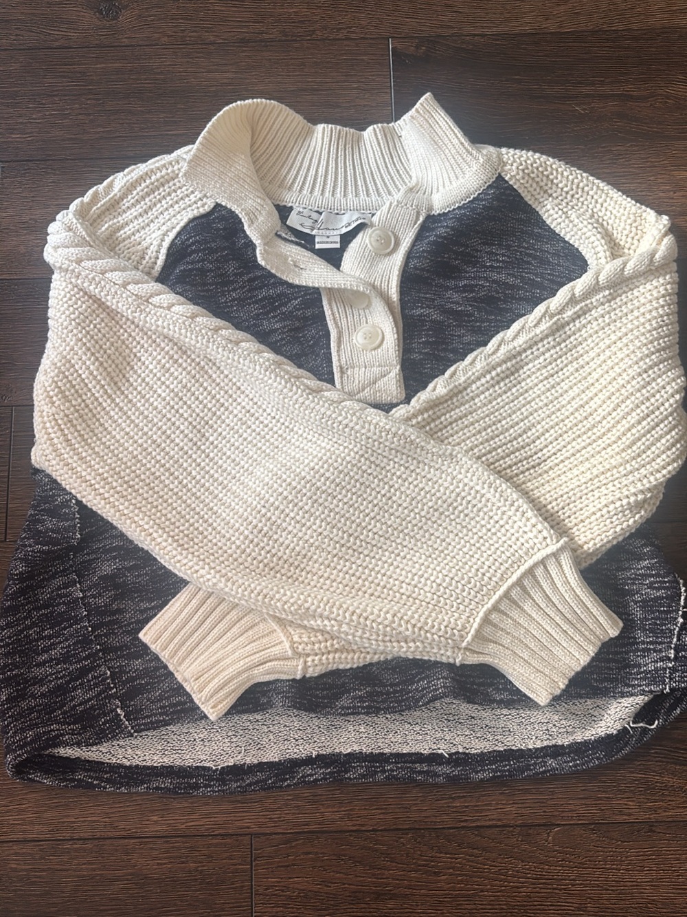 Vintage Havana Cream Cable-Sleeve Henley Sweater with Charcoal Body